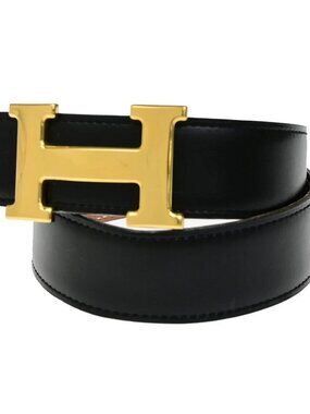 HERMES H Logo Constance Reversible Buckle Belt Leather #68 Black Brown 82RL054